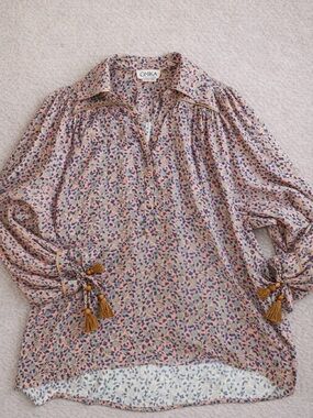 Omika Boho Tassel Sleeve Blouse Pink Print Handmade India Anthropologie Style-M